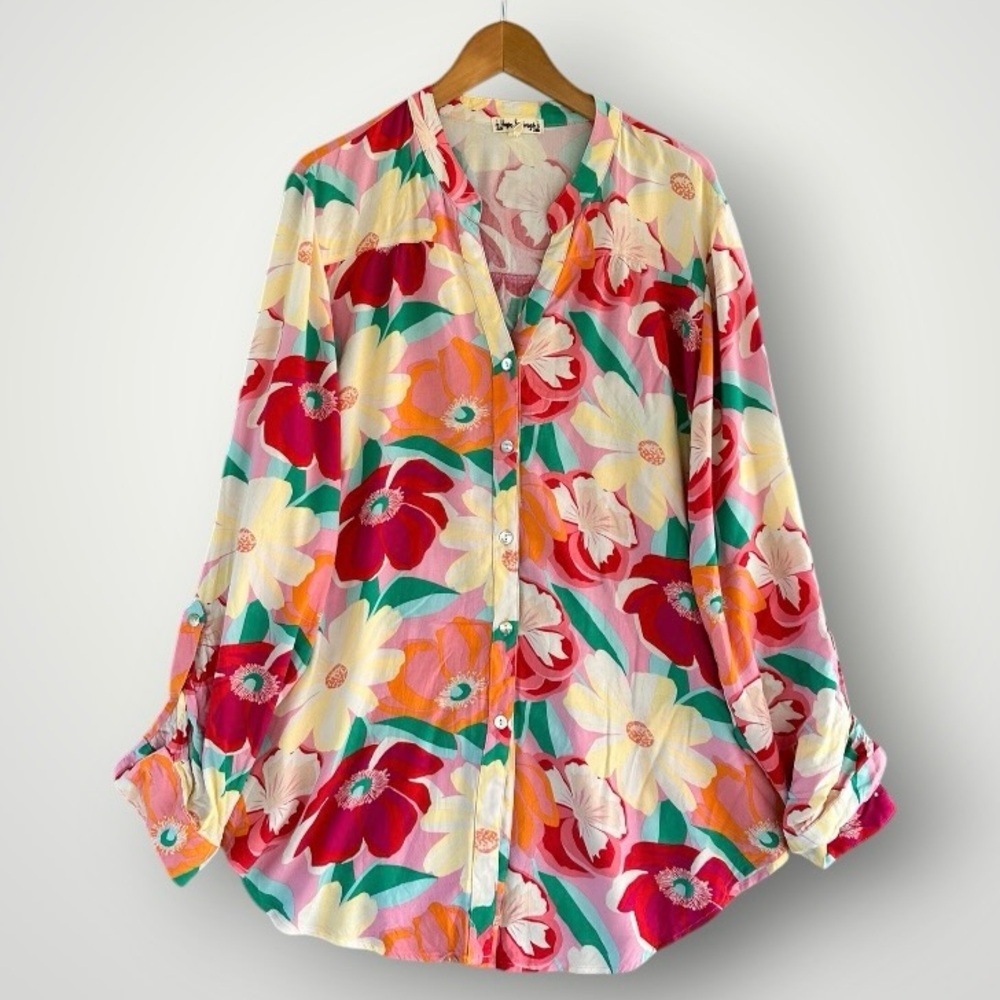 Vibrant Floral Button-Front Blouse - Multicolor